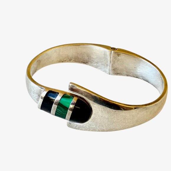 Sterling Silver 925 Bracelet Malachite + Onyx Hinged Bracelet Taxco Mexico 52 gr - Picture 11 of 16